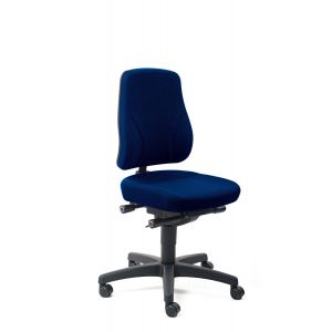 Промисловий стілець Bimos ALL-IN-ONE Trend 2 9633 на роликах — тканинна оббивка Duotec синього кольору, чорна пластикова хрестовина, вигляд спереду під кутом
